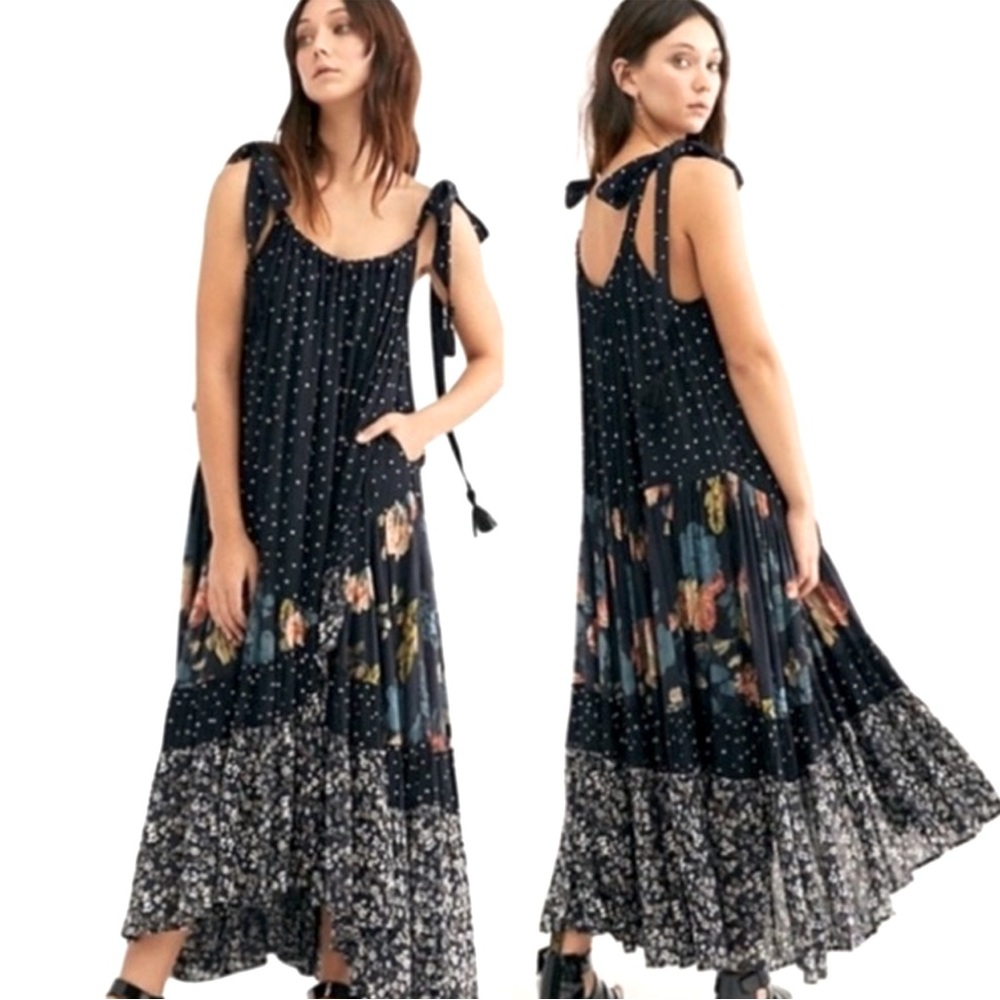 Free People • Black White Floral Polka Dot Bare It All Maxi Dress